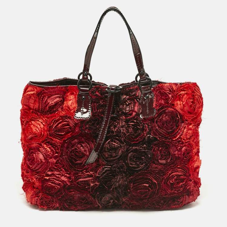 Pre Owned Valentino Red/Burgundy Nylon Large Flower Applique Tote