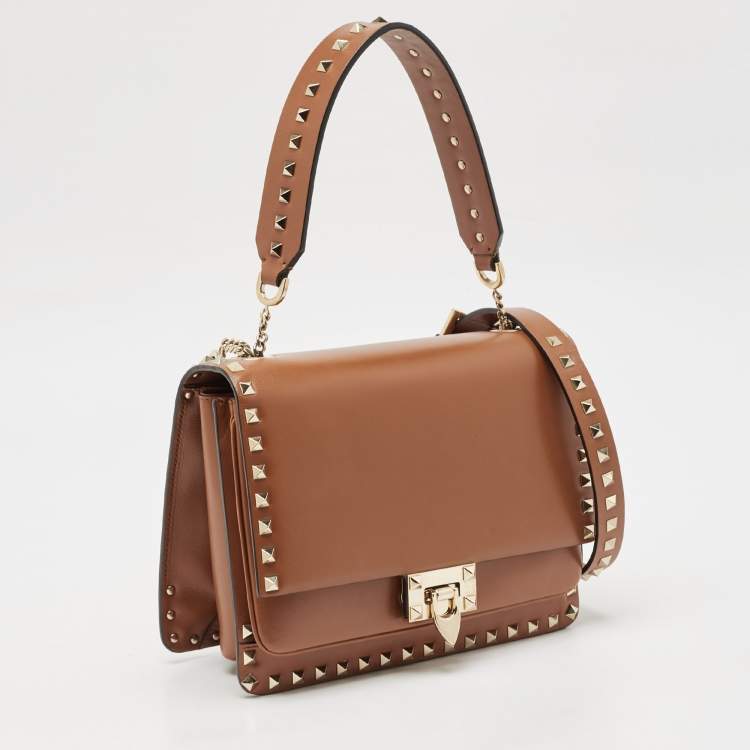 Pre Owned Valentino Brown Leather Rockstud Top Handle Bag