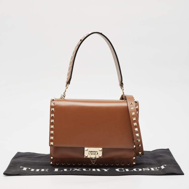 Pre Owned Valentino Brown Leather Rockstud Top Handle Bag