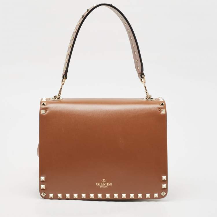 Pre Owned Valentino Brown Leather Rockstud Top Handle Bag