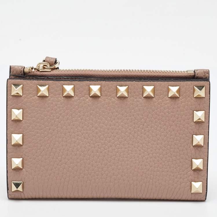 Pre Owned Valentino Beige Leather Rockstud Zip Card Holder