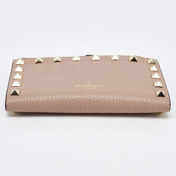 Pre Owned Valentino Beige Leather Rockstud Zip Card Holder