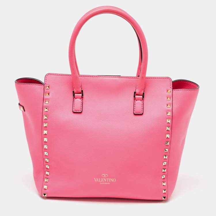 Pre Owned Valentino Hot Pink Leather Medium Rockstud Trapeze Tote