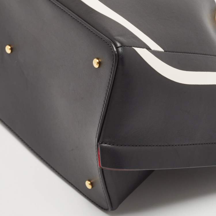 Pre Owned Valentino Black/White Leather Medium VLogo Escape Tote