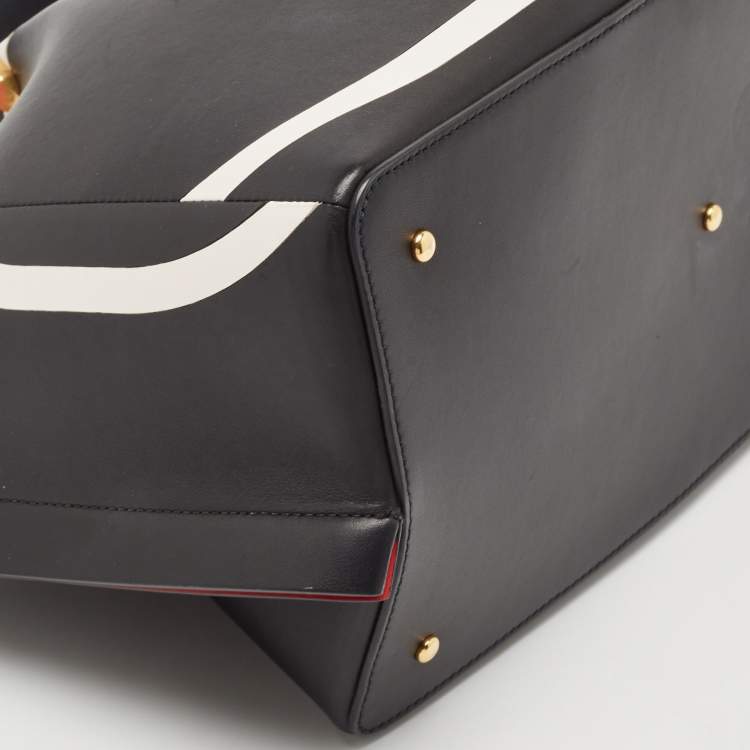 Pre Owned Valentino Black/White Leather Medium VLogo Escape Tote