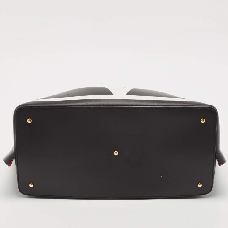 Pre Owned Valentino Black/White Leather Medium VLogo Escape Tote