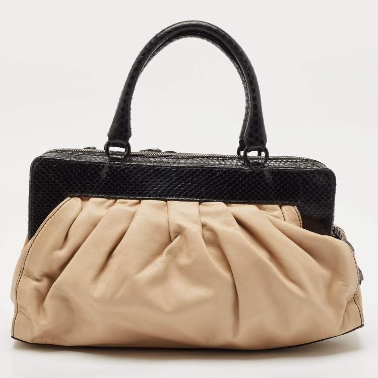 Pre Owned Valentino Beige/Black Leather and Watersnake Lacca Fleur Frame Satchel