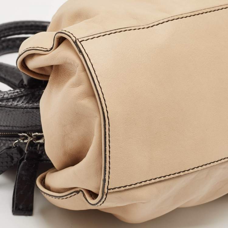 Pre Owned Valentino Beige/Black Leather and Watersnake Lacca Fleur Frame Satchel