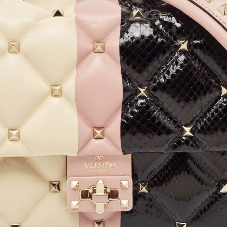 Pre Owned Valentino Tricolor Quilted Leather and Snakeskin Medium Candystud Top Handle Bag