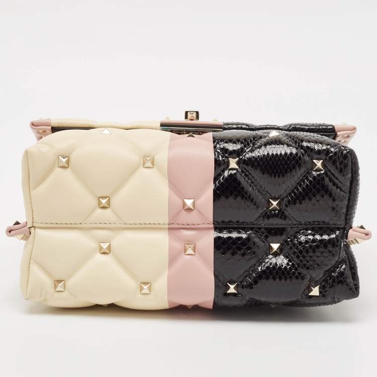 Pre Owned Valentino Tricolor Quilted Leather and Snakeskin Medium Candystud Top Handle Bag
