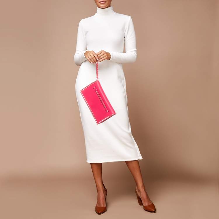 Pre Owned Valentino Hot Pink Leather Rockstud Flap Wristlet Clutch