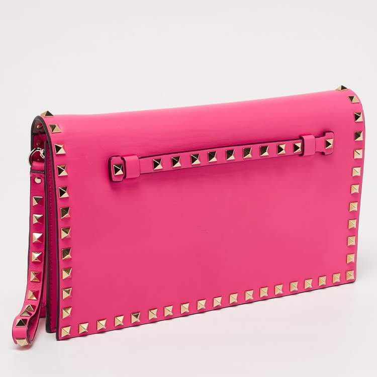 Pre Owned Valentino Hot Pink Leather Rockstud Flap Wristlet Clutch