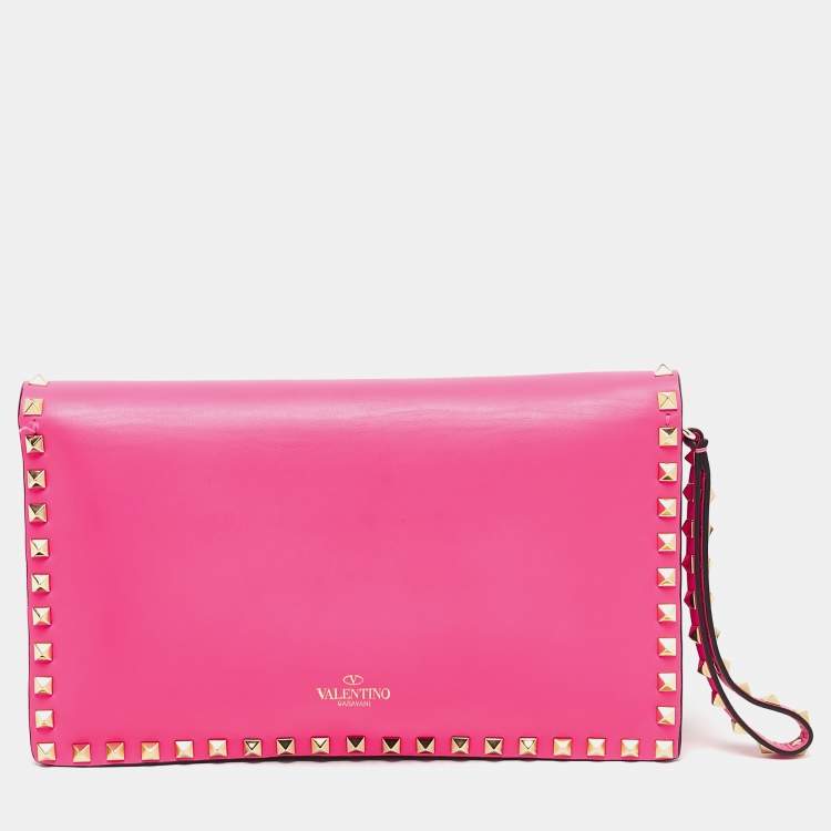 Pre Owned Valentino Hot Pink Leather Rockstud Flap Wristlet Clutch