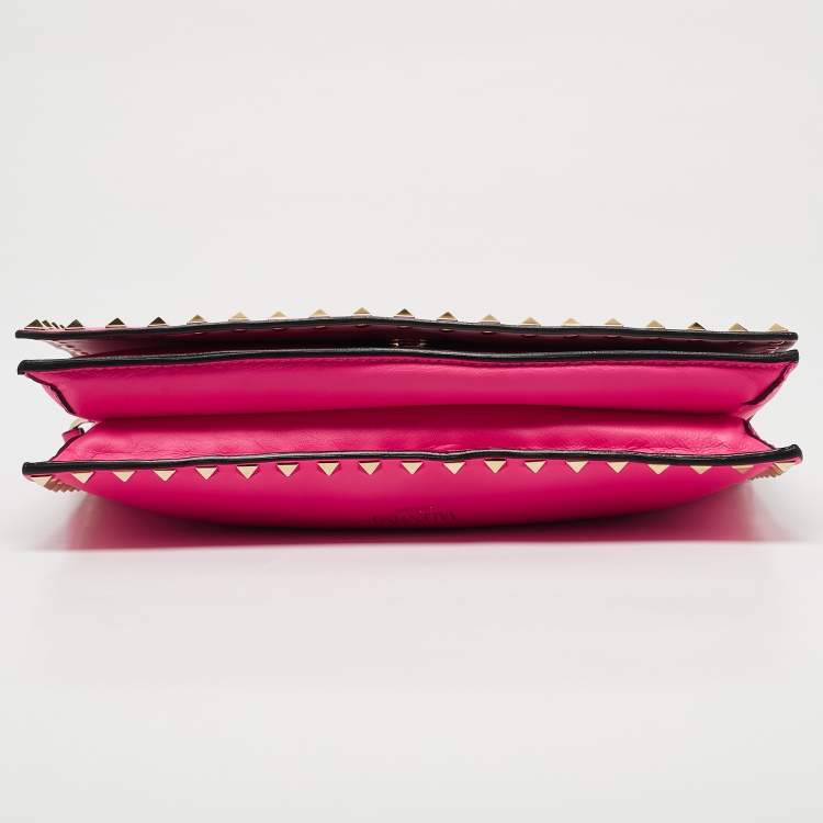 Pre Owned Valentino Hot Pink Leather Rockstud Flap Wristlet Clutch
