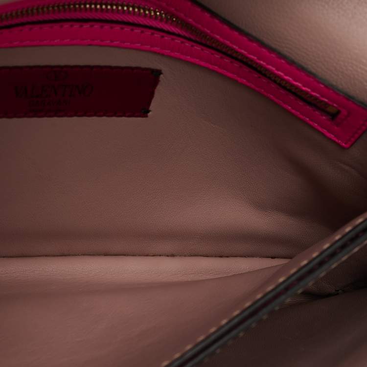 Pre Owned Valentino Hot Pink Leather Rockstud Flap Wristlet Clutch