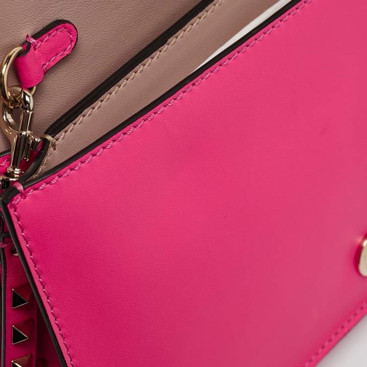 Pre Owned Valentino Hot Pink Leather Rockstud Flap Wristlet Clutch