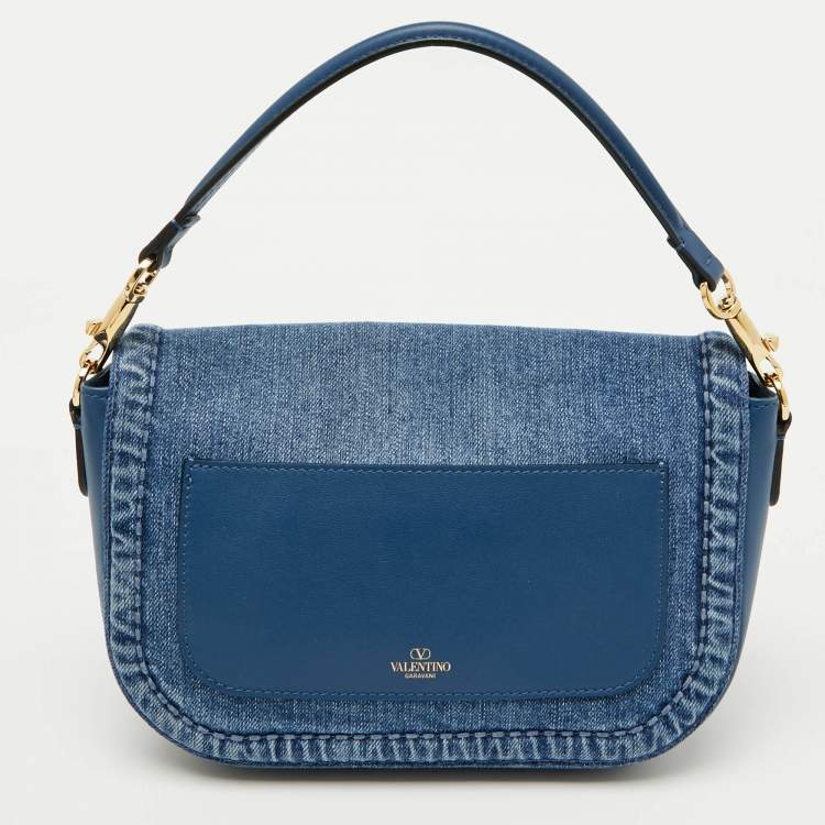 Pre Owned Valentino Blue Denim All Time Flap Shoulder Bag