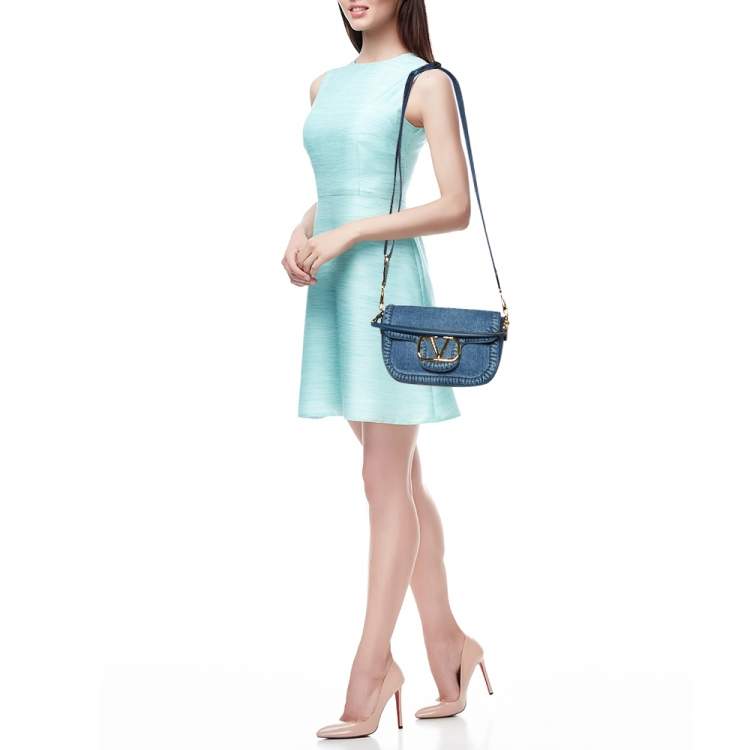 Pre Owned Valentino Blue Denim All Time Flap Shoulder Bag