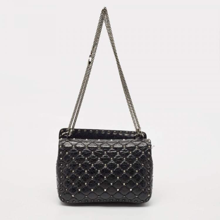 Pre Owned Valentino Black Quilted Crackle Leather Medium Rockstud Spike Top Handle Bag