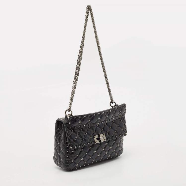 Pre Owned Valentino Black Quilted Crackle Leather Medium Rockstud Spike Top Handle Bag