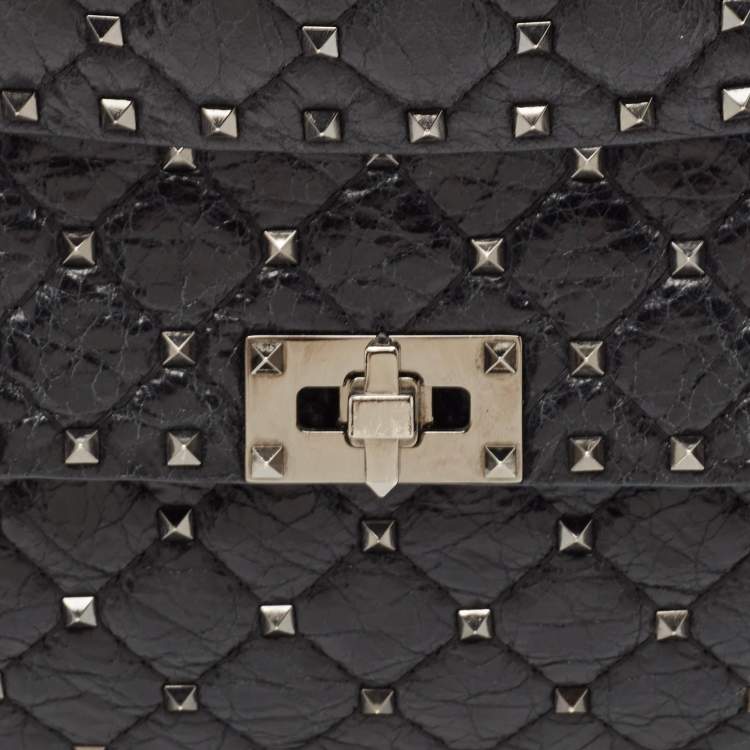 Pre Owned Valentino Black Quilted Crackle Leather Medium Rockstud Spike Top Handle Bag