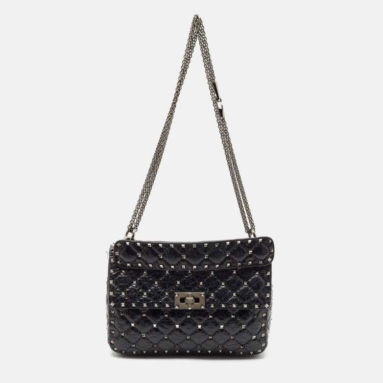 Pre Owned Valentino Black Quilted Crackle Leather Medium Rockstud Spike Top Handle Bag