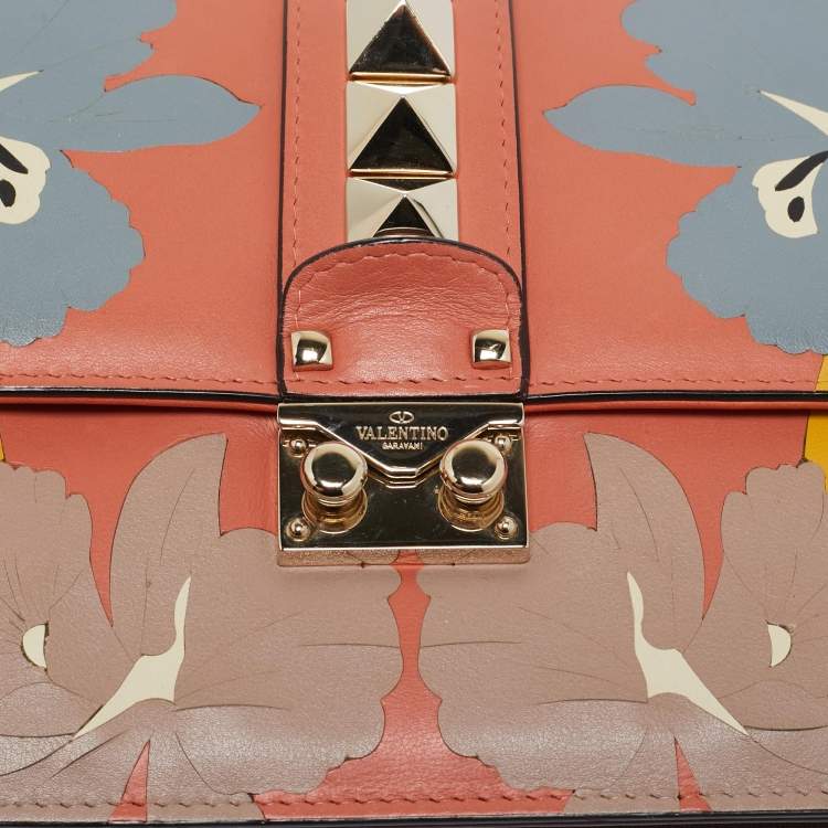 Pre Owned Valentino Multicolor Floral Leather Medium Rockstud Glam Lock Flap Bag