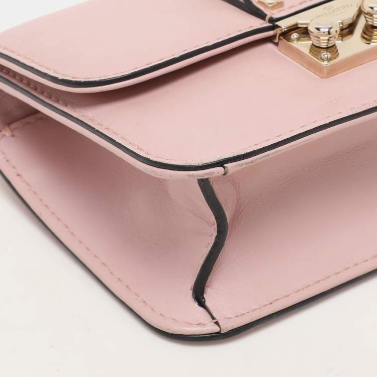 Pre Owned Valentino Light Pink Leather Mini Rockstud Glam Lock Shoulder Bag