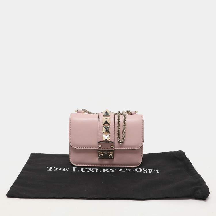 Pre Owned Valentino Light Pink Leather Mini Rockstud Glam Lock Shoulder Bag