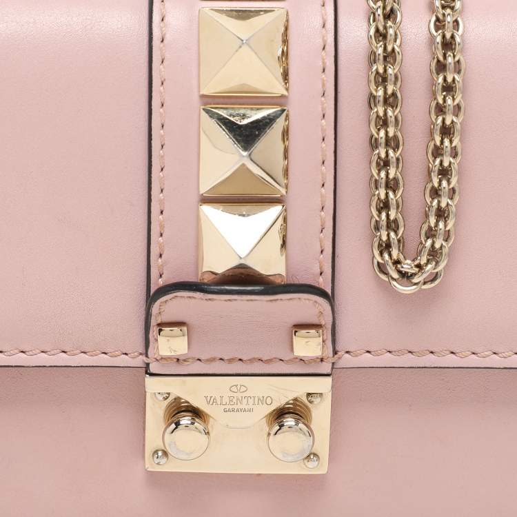 Pre Owned Valentino Light Pink Leather Mini Rockstud Glam Lock Shoulder Bag