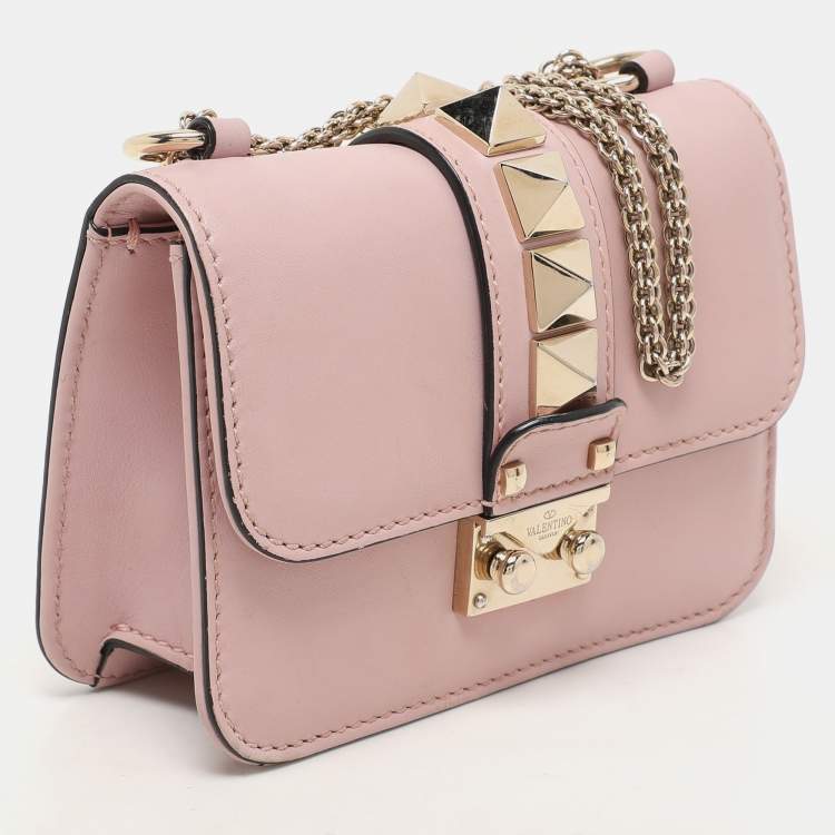 Pre Owned Valentino Light Pink Leather Mini Rockstud Glam Lock Shoulder Bag