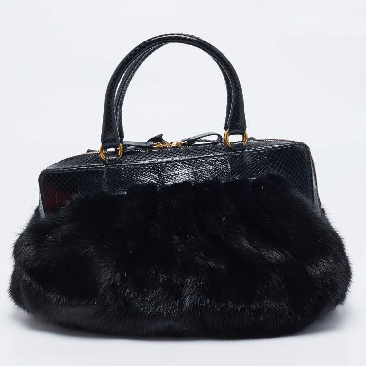 Pre Owned Valentino Black Snakeskin and Fur Frame Satchel