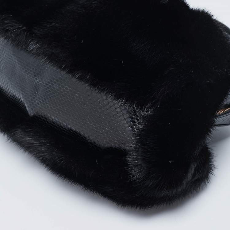 Pre Owned Valentino Black Snakeskin and Fur Frame Satchel
