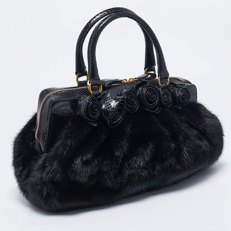 Pre Owned Valentino Black Snakeskin and Fur Frame Satchel