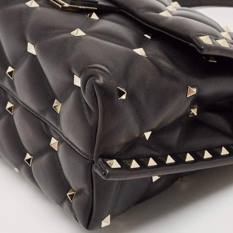Pre Owned Valentino Black Quilted Leather Medium Candystud Top Handle Bag