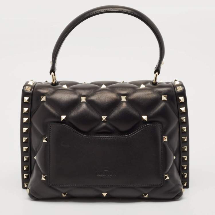 Pre Owned Valentino Black Quilted Leather Medium Candystud Top Handle Bag