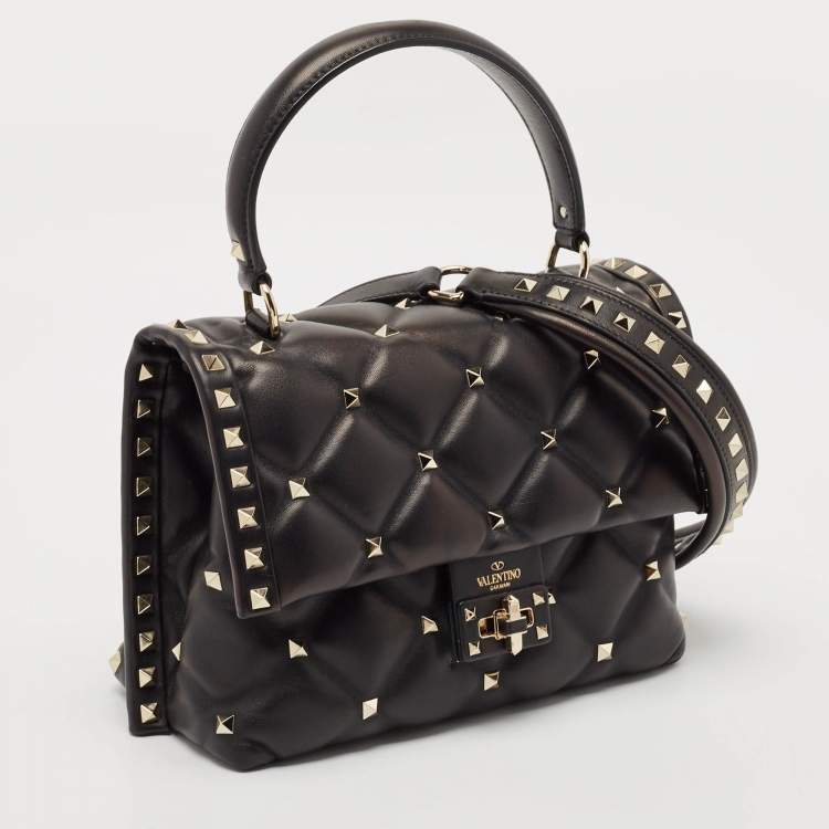 Pre Owned Valentino Black Quilted Leather Medium Candystud Top Handle Bag