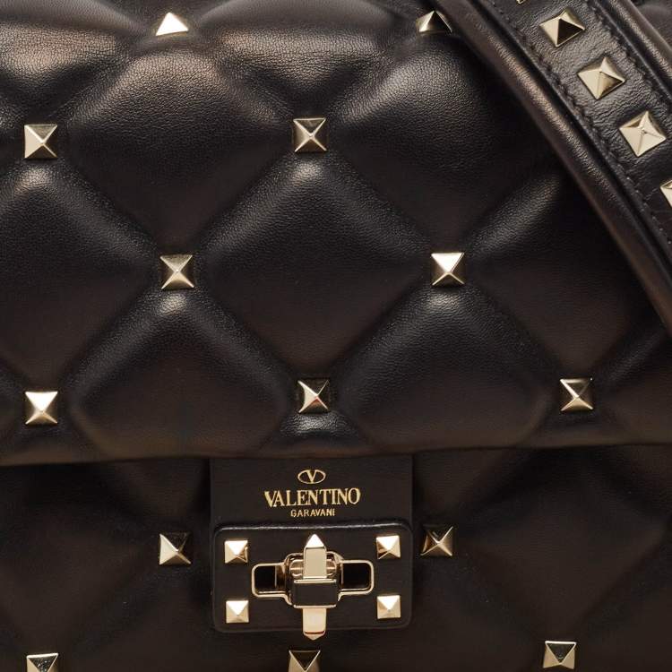 Pre Owned Valentino Black Quilted Leather Medium Candystud Top Handle Bag
