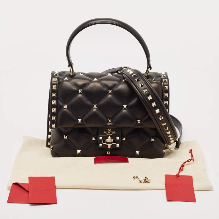 Pre Owned Valentino Black Quilted Leather Medium Candystud Top Handle Bag