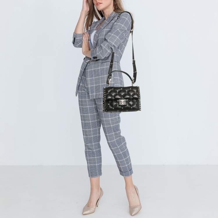 Pre Owned Valentino Black Quilted Leather Medium Candystud Top Handle Bag