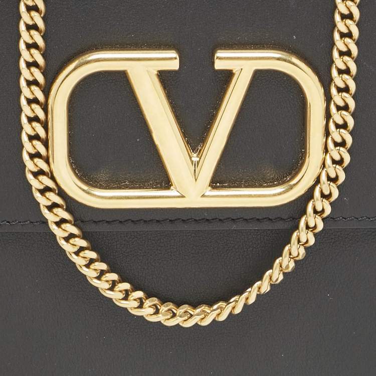 Pre Owned Valentino Black Leather VLogo Crossbody Bag
