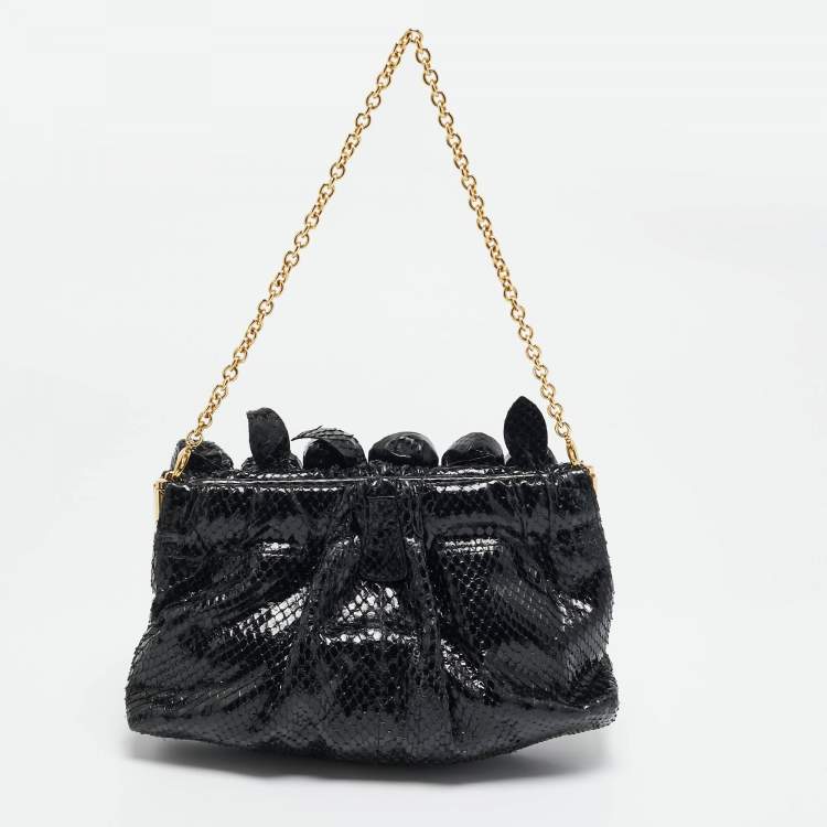 Pre Owned Valentino Black Snakeskin Fleur Chain Clutch