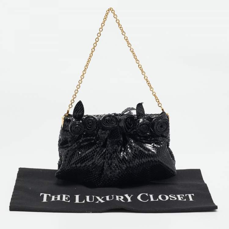 Pre Owned Valentino Black Snakeskin Fleur Chain Clutch
