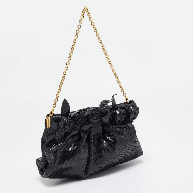 Pre Owned Valentino Black Snakeskin Fleur Chain Clutch