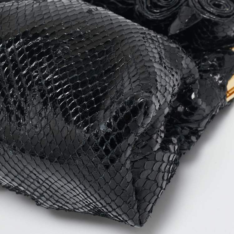 Pre Owned Valentino Black Snakeskin Fleur Chain Clutch