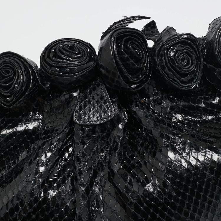 Pre Owned Valentino Black Snakeskin Fleur Chain Clutch
