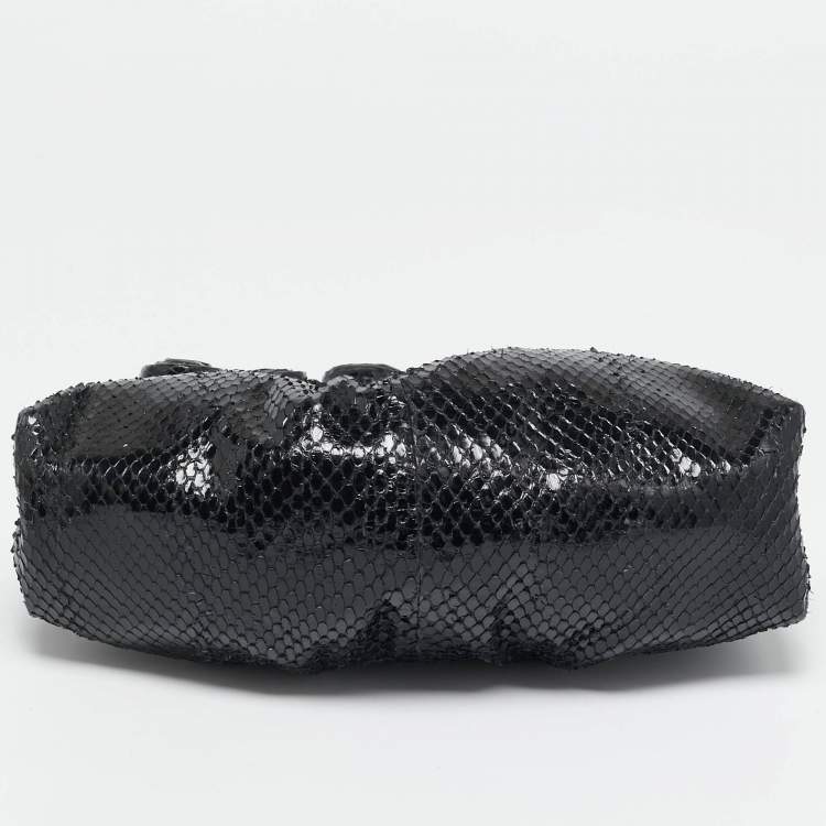 Pre Owned Valentino Black Snakeskin Fleur Chain Clutch