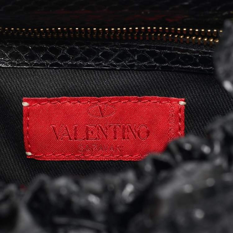 Pre Owned Valentino Black Snakeskin Fleur Chain Clutch
