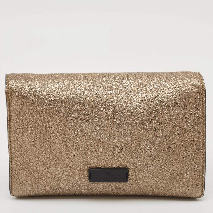 Pre Owned Valentino Gold Crinkled Leather V Rivet Clutch Bag