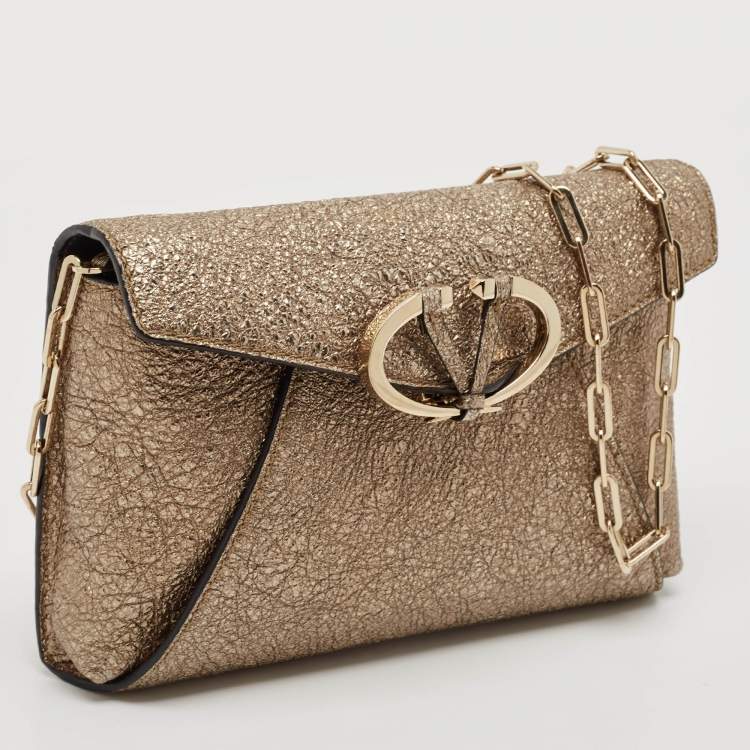Pre Owned Valentino Gold Crinkled Leather V Rivet Clutch Bag